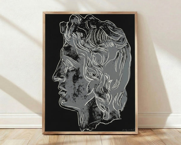 Pop art style portrait of Alexander the Great in bold black and metallic tones, inspired by Warhol's iconic silkscreen technique, framed as a contemporary wall poster.