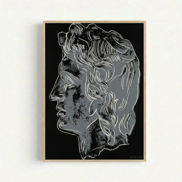 Minimalist black profile portrait of a historical figure rendered in high-contrast pop art aesthetic, displayed as a framed art print.