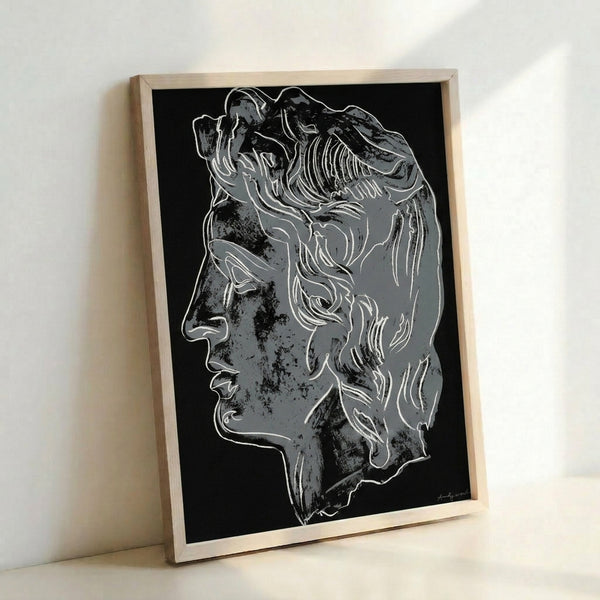Striking monochromatic pop art portrait featuring strong geometric shapes and bold outlines characteristic of Warhol-inspired graphic design, mounted as wall art.