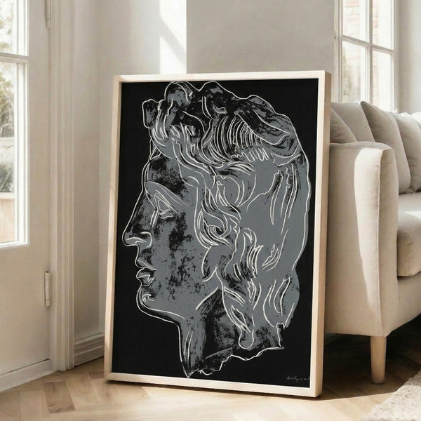 Contemporary pop art interpretation of a classical male profile in black with dramatic contrast, presented as a framed poster suitable for modern interior spaces.