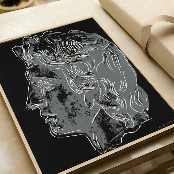 Abstract pop art portrait of a historical male figure in dramatic black tones with minimalist features, displayed as a sophisticated framed poster.