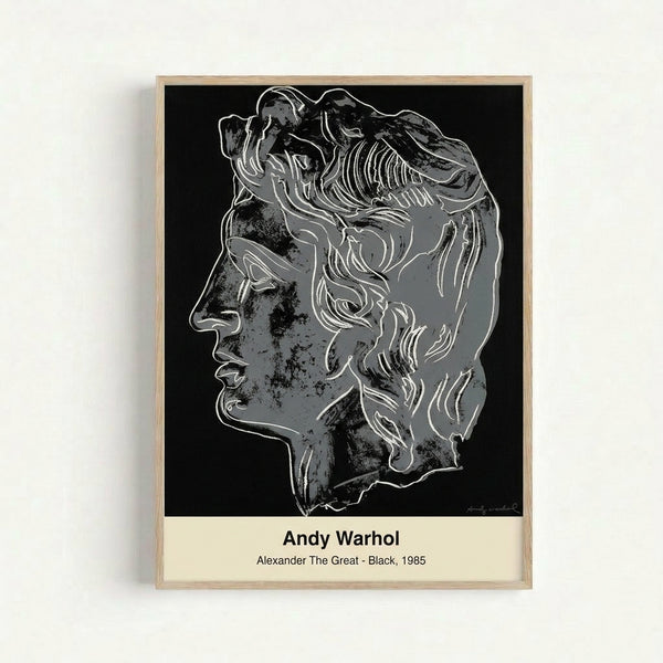 Monochromatic pop art print showcasing a contemplative male portrait rendered in stark black and white with grey tones, reflecting contemporary artistic reinterpretation.