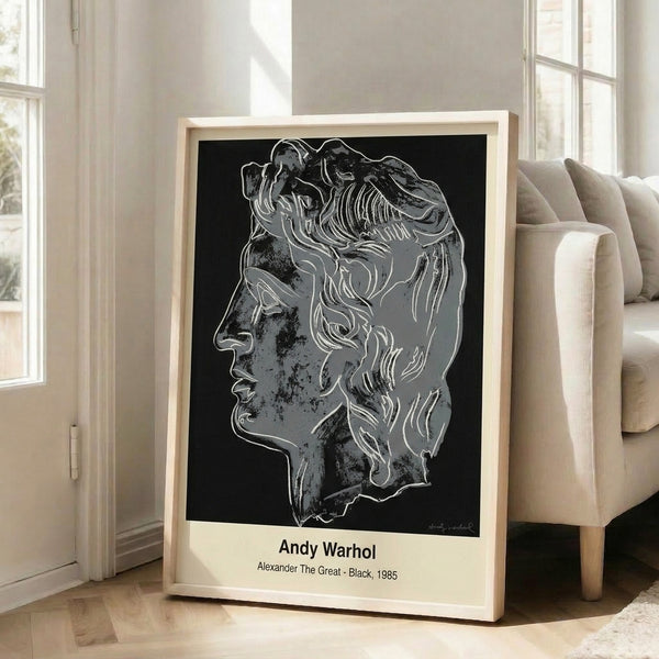 Modern black and white pop art wall print of a historical figure rendered in faceless, bold graphic style with grey accents.