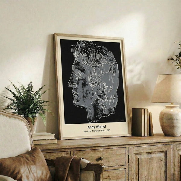 Iconic pop art composition in monochrome tones presenting an abstract male portrait with bold, high-contrast design elements.