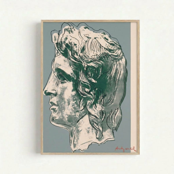 Framed modern art print featuring a stylized portrait in grey and pink tones, inspired by pop art aesthetics.
