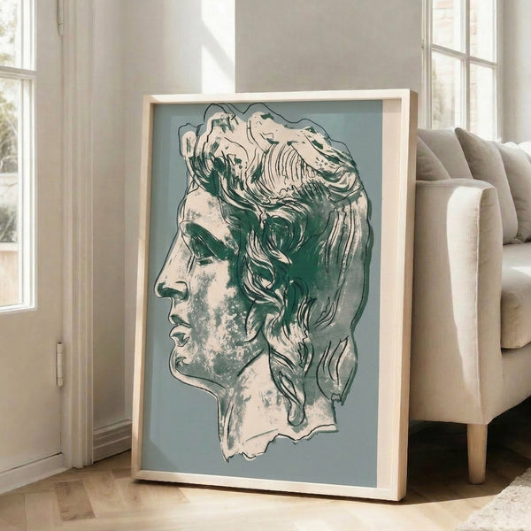 Stylized portrait art print in grey and pink colors, framed on a wall with pop art sensibility and modern appeal.
