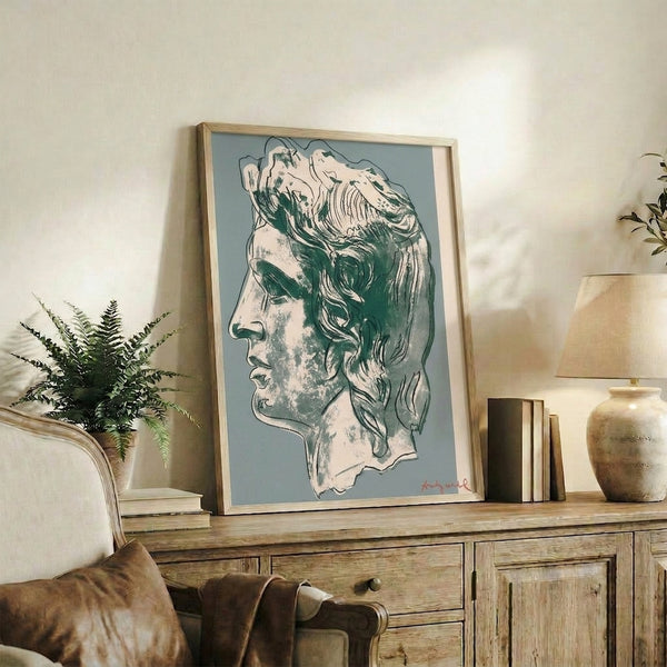 Pop art wall poster in grey and pink tones featuring a bold, colorful portrait design in contemporary gallery style.