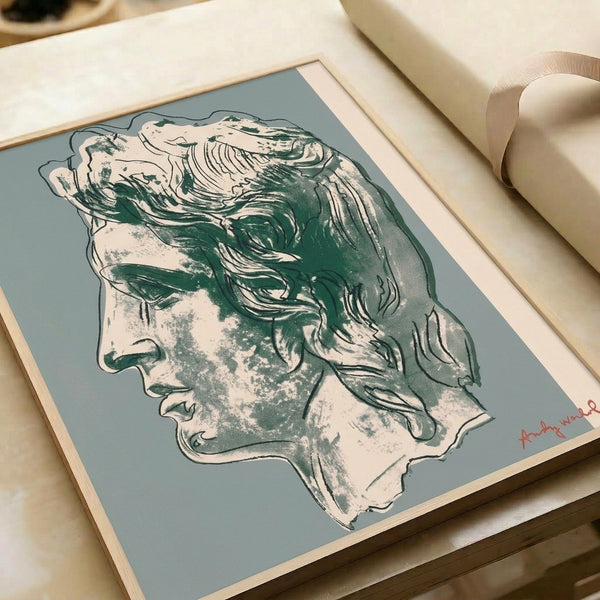 Framed pop art poster displaying a striking grey and pink portrait with modern, expressive artistic treatment.