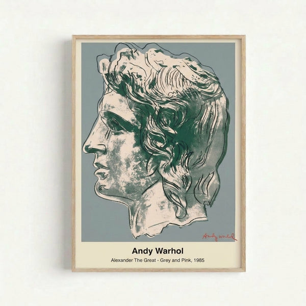 Contemporary pop art print featuring a historical male figure in regal grey and pink palette with art deco styling and graphic contrast.