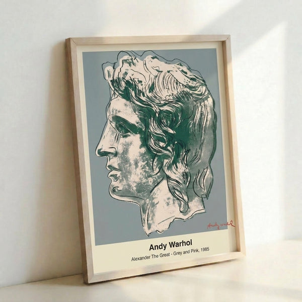 Framed modern portrait artwork combining grey, pink, and white in pop art style, bold and contemporary wall decor.