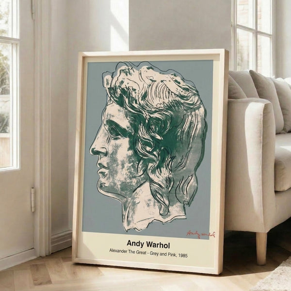 Pop art inspired portrait in grey and pink hues with striking black lines, contemporary regal aesthetic framed as wall art.