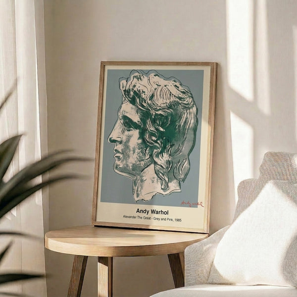Modern pop art wall poster with a distinguished male portrait rendered in grey and pink tones, bold graphic design.