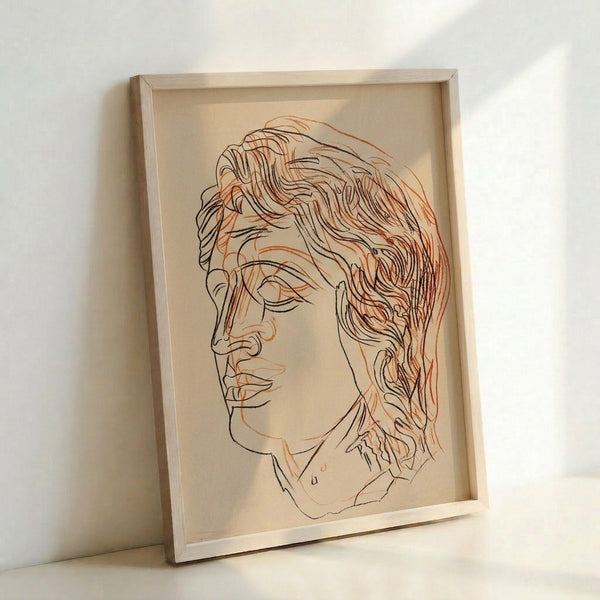 Framed poster displaying Alexander the Great in minimalist pop art style with striking color blocking and abstract portraiture.