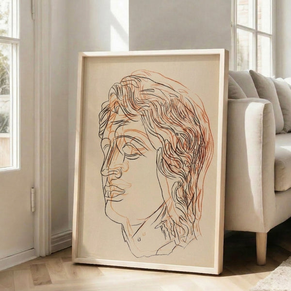 Modern art print of Alexander the Great rendered in bold, contrasting colors with a simplified, expressive figure against a vivid background.