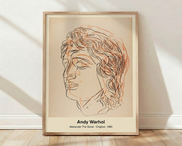 Pop art portrait of Alexander the Great in bold black, gold, and cream tones with vibrant accents, displayed as a framed poster in contemporary style.