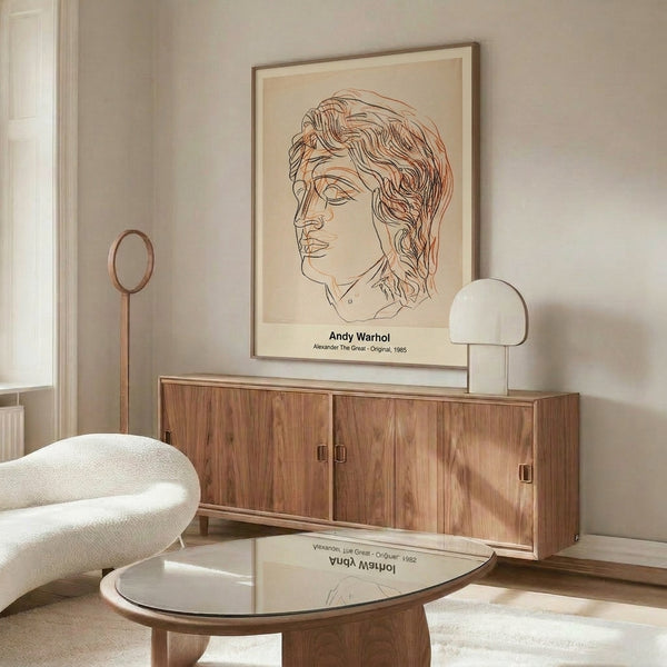 Modern pop art print showcasing a striking portrait in black, cream, and gold with vibrant accent colors, perfect for contemporary wall decor.