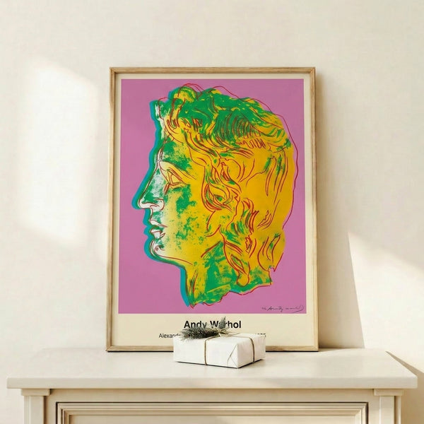 Framed pop art print showcasing a figure in luminous pink and green tones against white and black, evoking Andy Warhol's signature style.