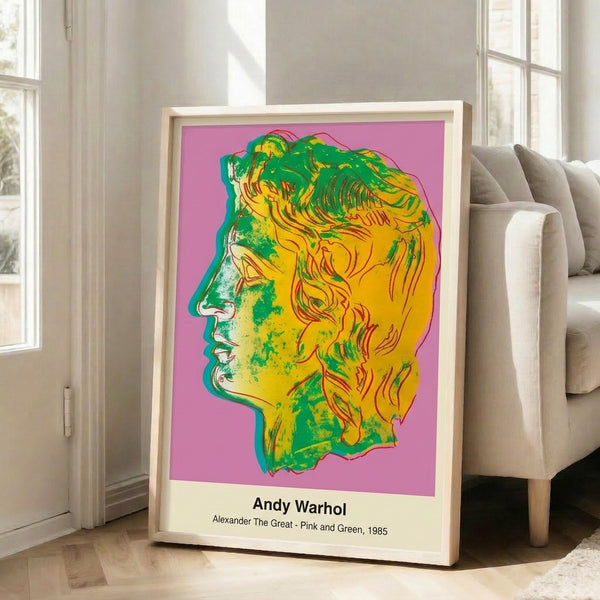 Modern pop art wall art featuring a historical portrait in vibrant pink and green with stark black and white contrast.