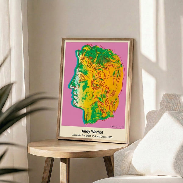 Bold contemporary pop art framed poster with a figure rendered in bright pink, lime green, and monochromatic tones.