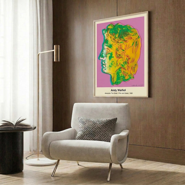 Pop art style portrait in energetic pink and green colorway with black accents, displayed as a framed modern art print on a wall.
