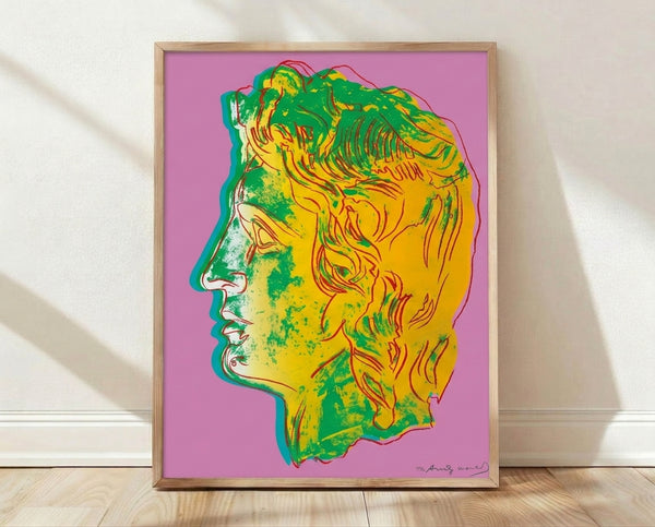 Pop art portrait of Alexander the Great in vibrant pink and green tones, framed poster print featuring bold graphic style and contrasting neon hues.