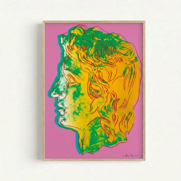 Warhol-inspired framed art print depicting Alexander the Great with striking pink and green color blocking in contemporary pop art aesthetic.