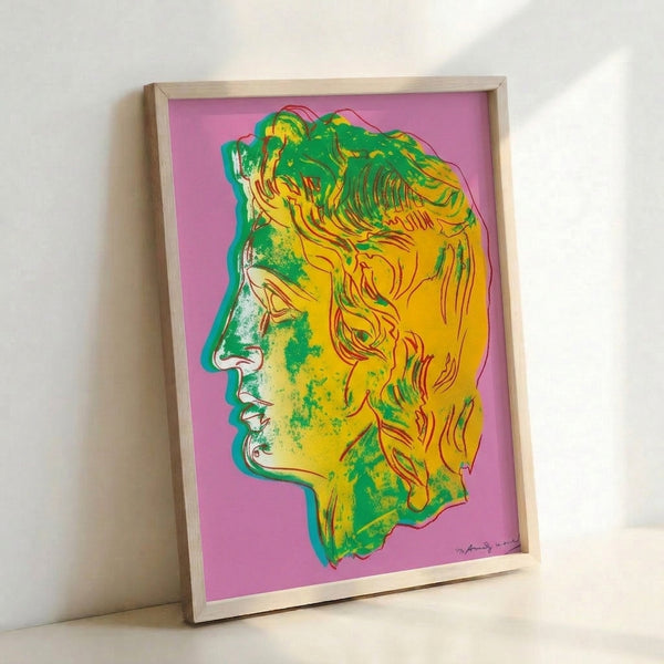 Modern wall art poster showing Alexander the Great rendered in luminous pink and green with characteristic pop art graphic treatment and bold simplicity.