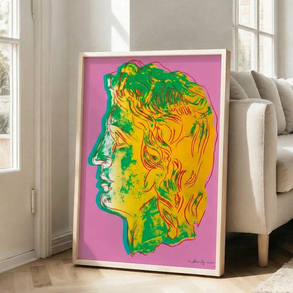 Framed pop art poster of Alexander the Great featuring vivid pink and green palette with high-contrast graphic portrait style.