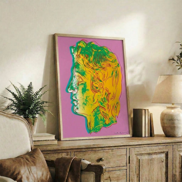 Alexander the Great portrait art print in dynamic pink and green tones, displayed as framed wall poster with pop art sensibility.