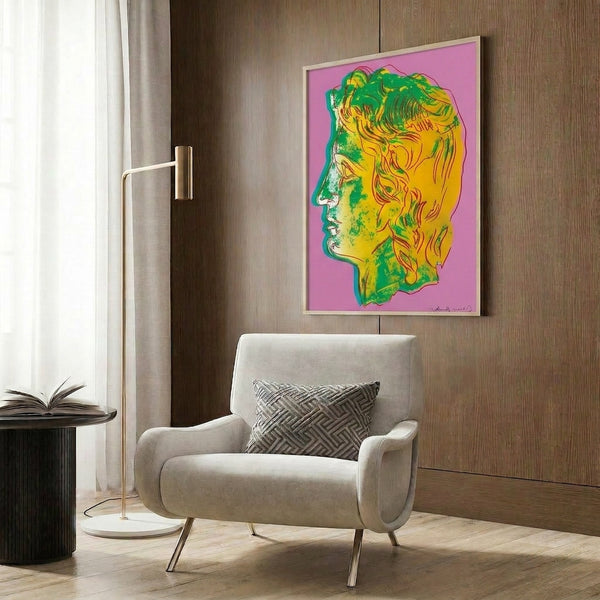 Pop art framed poster depicting Alexander the Great in neon pink and green with bold silkscreen-inspired graphic design.