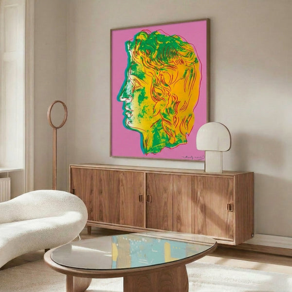 Vibrant pop art wall print of Alexander the Great using hot pink and electric green in contemporary high-contrast portrait style.