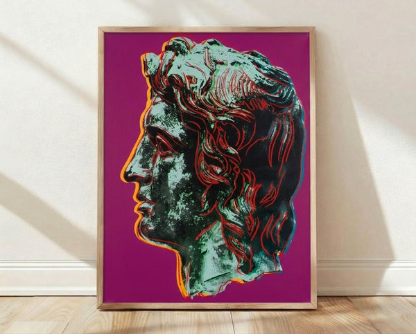 Pop art portrait of Alexander the Great in vibrant pink tones, framed poster with bold graphic style and modern aesthetic.
