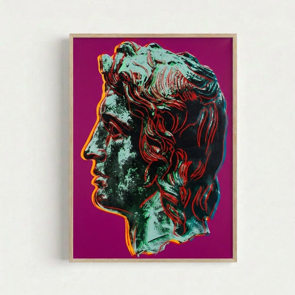 Framed pop art print featuring Alexander the Great rendered in striking pink and contrasting colors, contemporary wall decor.