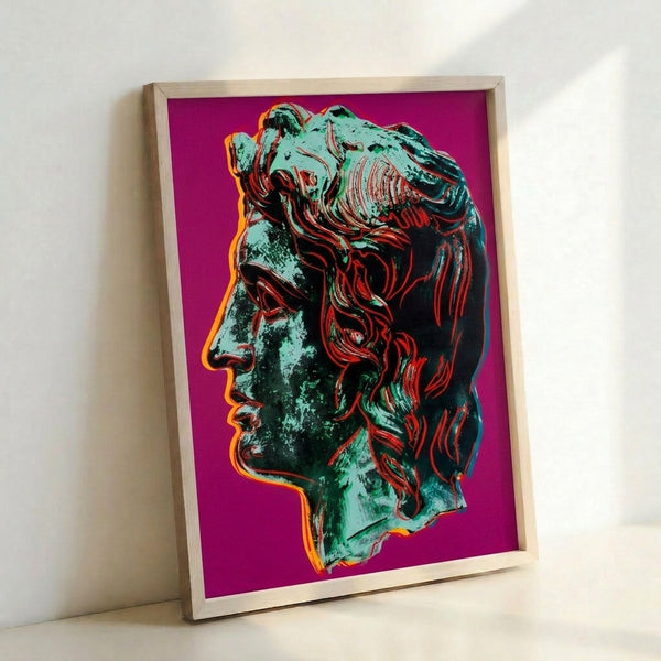 Alexander the Great portrait in Warhol-inspired pop art style with pink dominant hues, framed as modern home wall art.