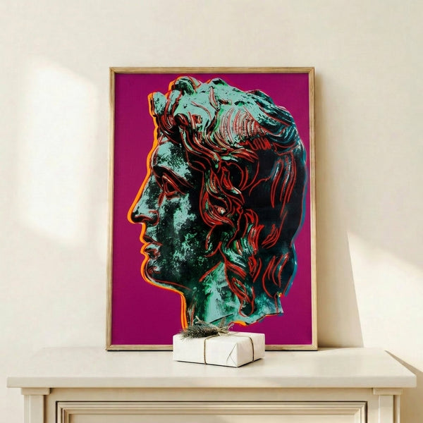 Bold pink pop art poster of Alexander the Great, graphic portrait print with vibrant color palette in contemporary frame.