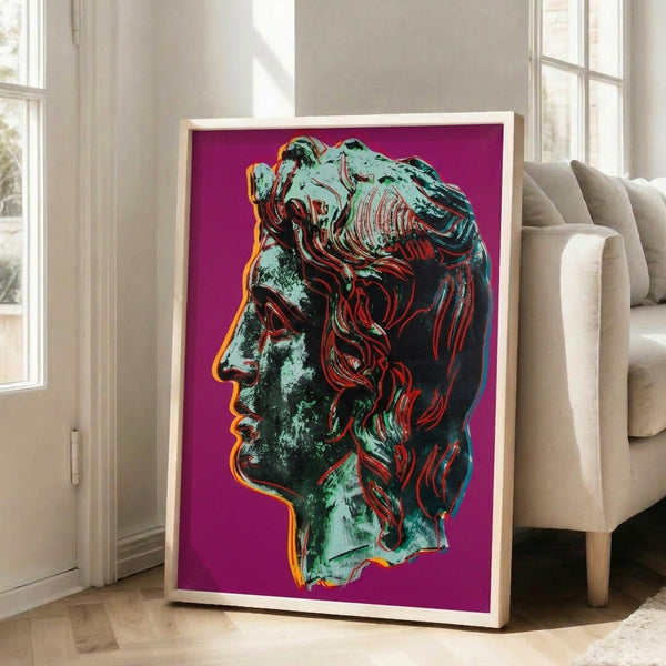 Framed modern art print of Alexander the Great in vivid pink tones, pop art style portrait for contemporary interior decor.