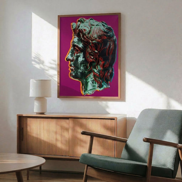 Pop art inspired portrait of Alexander the Great featuring luminous pink shades and graphic color blocking, framed poster art.