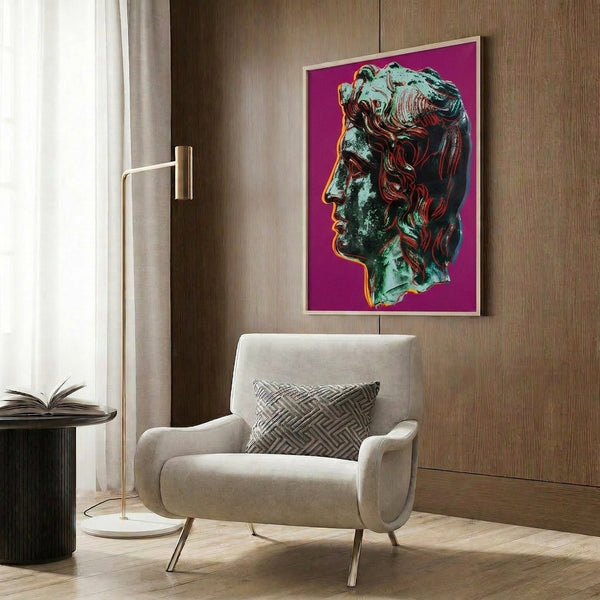 Alexander the Great pop art wall print in hot pink with bold graphic treatment, framed contemporary decorative poster.