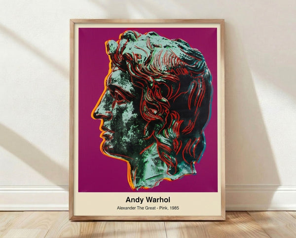 Bold pop art portrait of Alexander the Great rendered in vibrant pink and magenta tones with black and white accents, framed poster on wall.