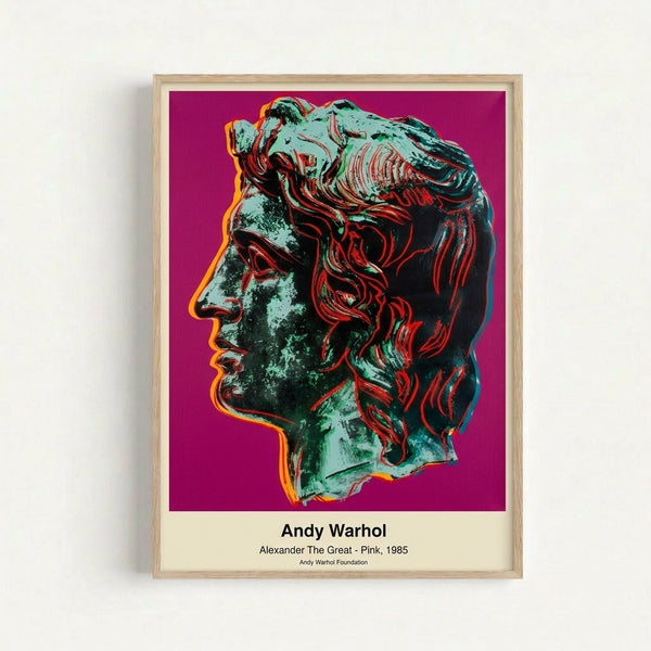 Contemporary pop art style framed print featuring a striking pink-toned portrait of Alexander the Great with high-contrast black and white elements.