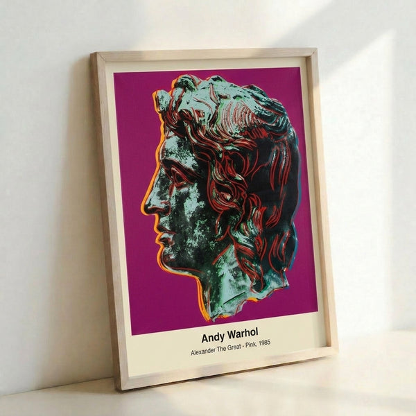 Iconic pop art portrait displaying Alexander the Great in vivid magenta and pink hues with bold graphic lines, modern wall art print.