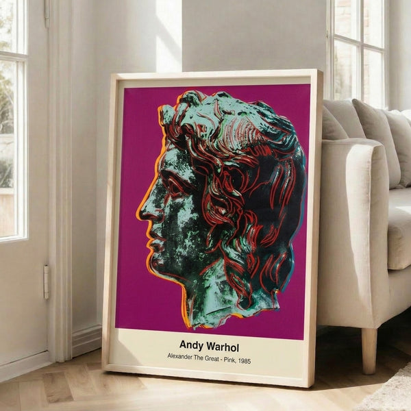 Framed pop art poster of Alexander the Great rendered in bright pink and black, creating a contemporary and eye-catching wall display.