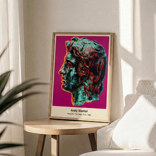 Modern pop art portrait of Alexander the Great in vibrant pink and white tones with dramatic black outlines, gallery-style framed print.