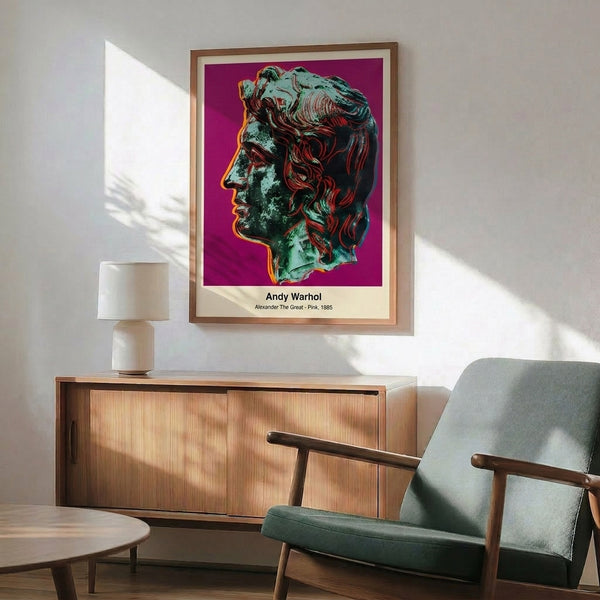 Contemporary pop art representation of Alexander the Great featuring bold magenta and pink colors against stark black and white backgrounds, wall poster.