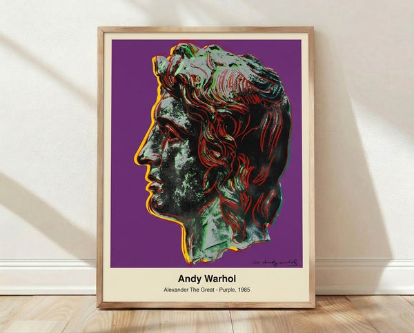 Pop art portrait of Alexander the Great in bold purple, white, and black with gold accents, framed on wall in modern Bauhaus style.