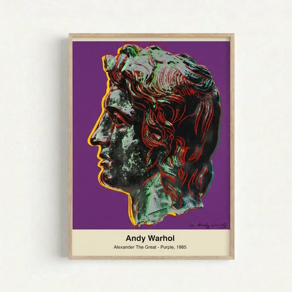Vibrant Warhol-inspired regal portrait featuring Alexander the Great in striking purple tones with graphic black and white elements.