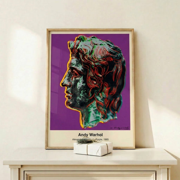 Contemporary Bauhaus-style portrait of Alexander the Great in vivid purple with minimalist black, white, and gold graphic treatment.