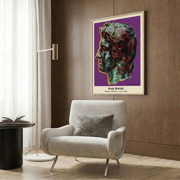 Iconic modern portrait print of Alexander the Great in bold purple and white with Warhol-inspired pop art aesthetic and gold accents.