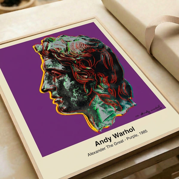 Striking Bauhaus pop art portrait featuring Alexander the Great rendered in purple, black, white, and gold, framed as contemporary wall decor.
