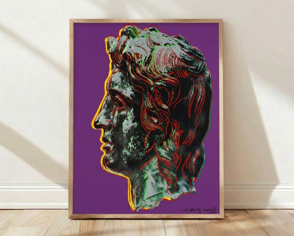 Pop art portrait of Alexander the Great in vibrant purple tones, rendered in bold graphic style reminiscent of Warhol's iconic technique, framed as a modern wall print.